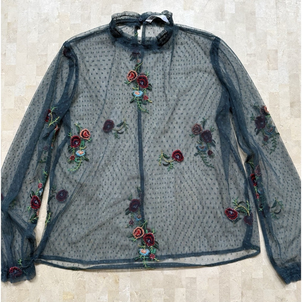 Zara sheer floral top Mesh embroidery Long sleeve‎ Ruffle Neckline Size Small